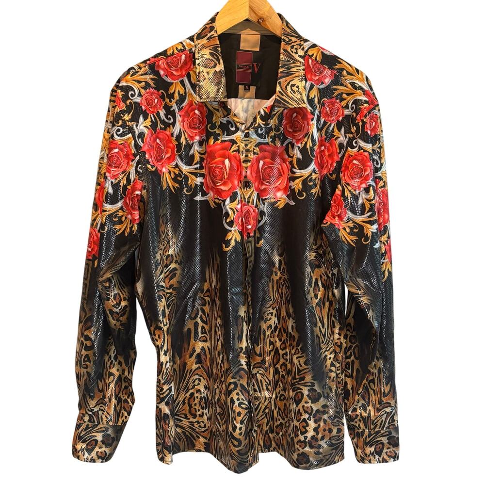 Vassari Rose & Animal Print Long Sleeve Button Down Shirt - size XL